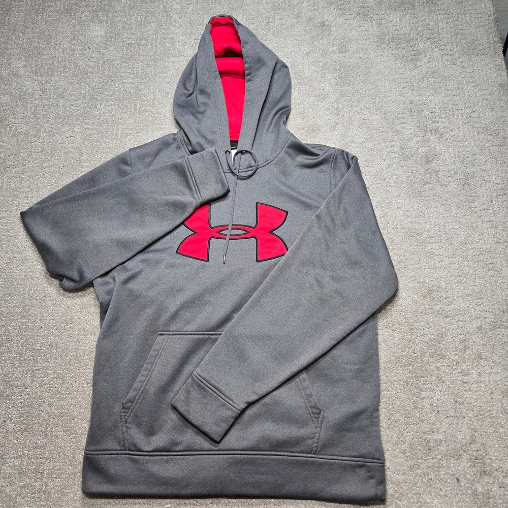 Under Armour Mens Storm Hoodie Grey Red Big Logo Fleece Sweatshirt Medium Loose